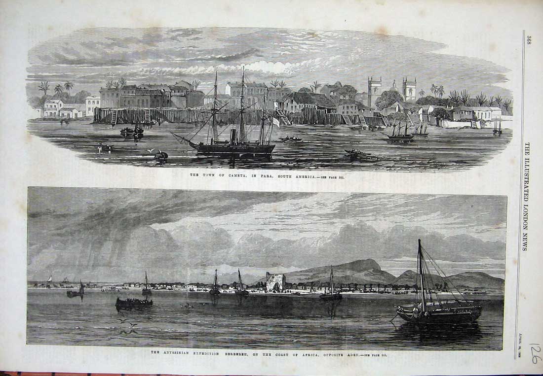 Old Antique Print 1868 Town Cameta Para America Berbereh Africa Abyssinia 19th