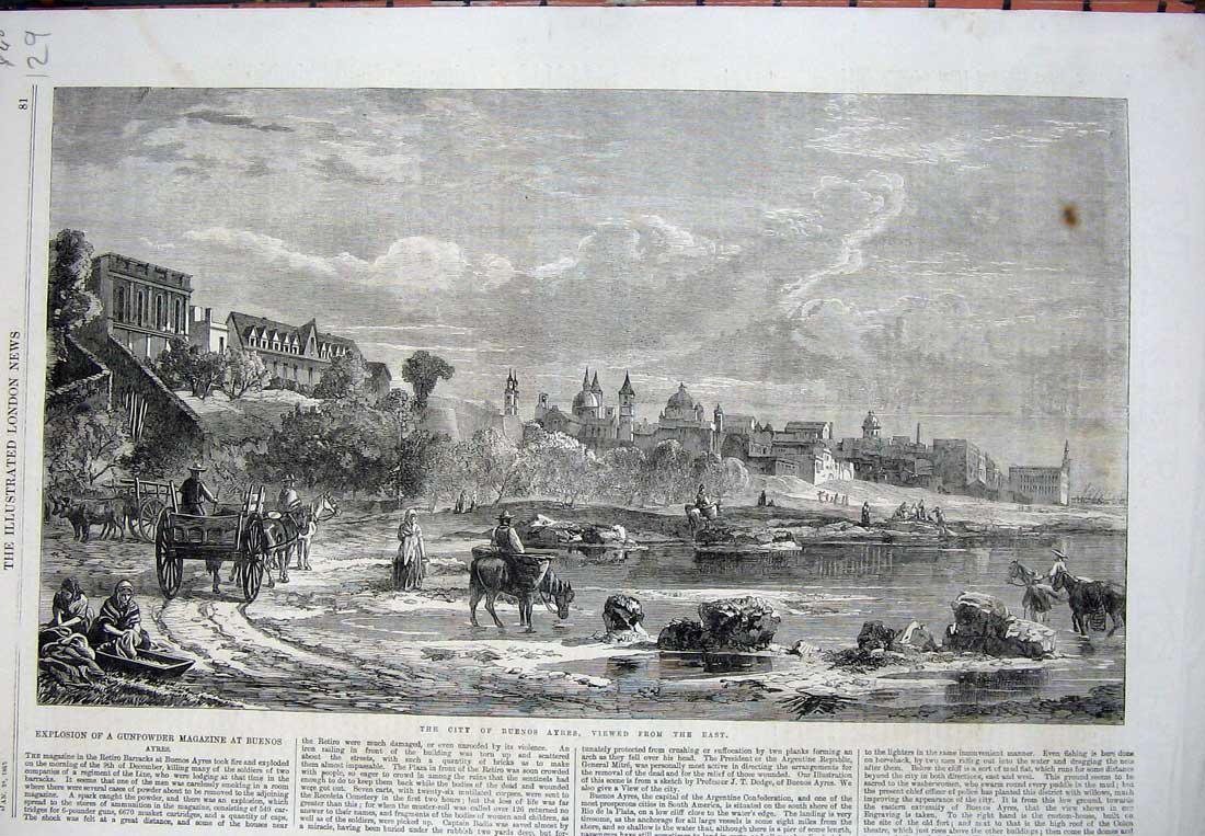 Old Antique Print 1865 View City Buenos Ayres Argentina Houses Horse Cart 19th