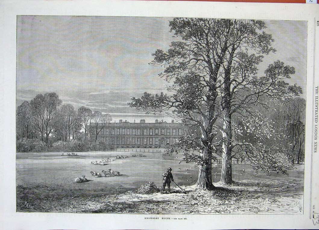 Old Antique Print 1869 Knowsley House Garden Sheep Man Trees Architecture 19th