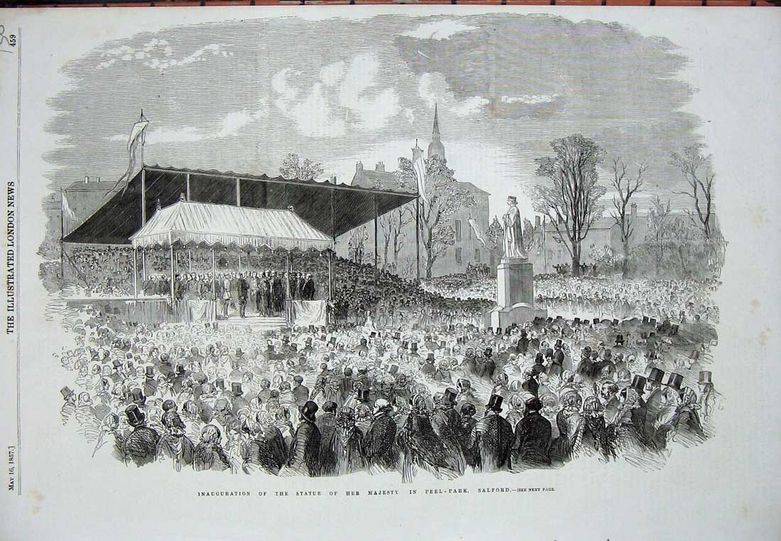 Original Old Antique Print 1857 Inauguration Statue Queen Peel Park Salford