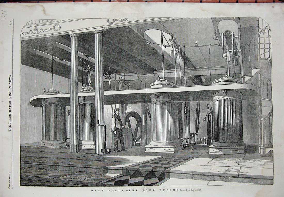 Original Old Antique Print 1851 Dean Mills Four Engines Manufacturing Machinery