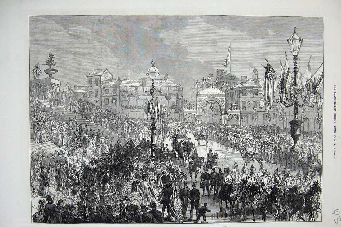 Old Antique Print 1873 Prince Princess Wales Bolton Townhall Guards Horse 19th