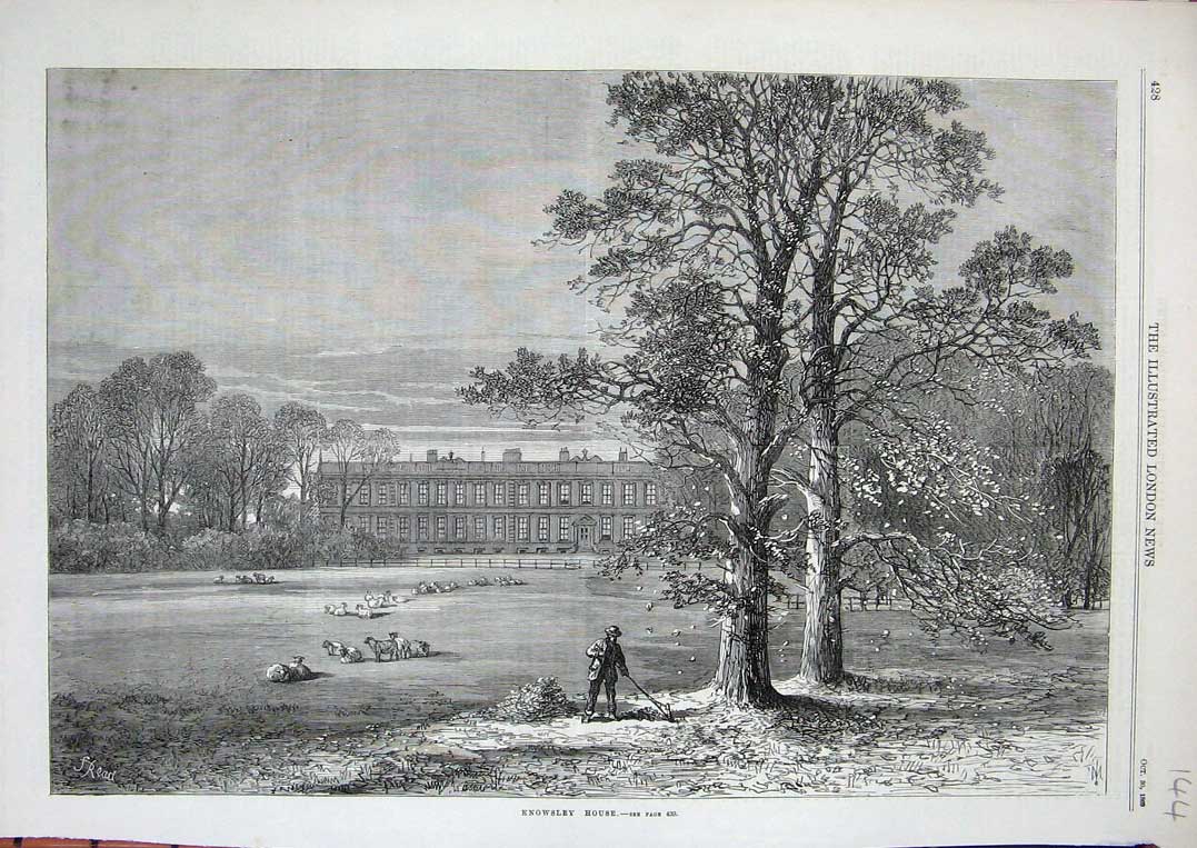 Original Old Antique Print 1869 Fine Art Knowsley House Architecture Sheep Man