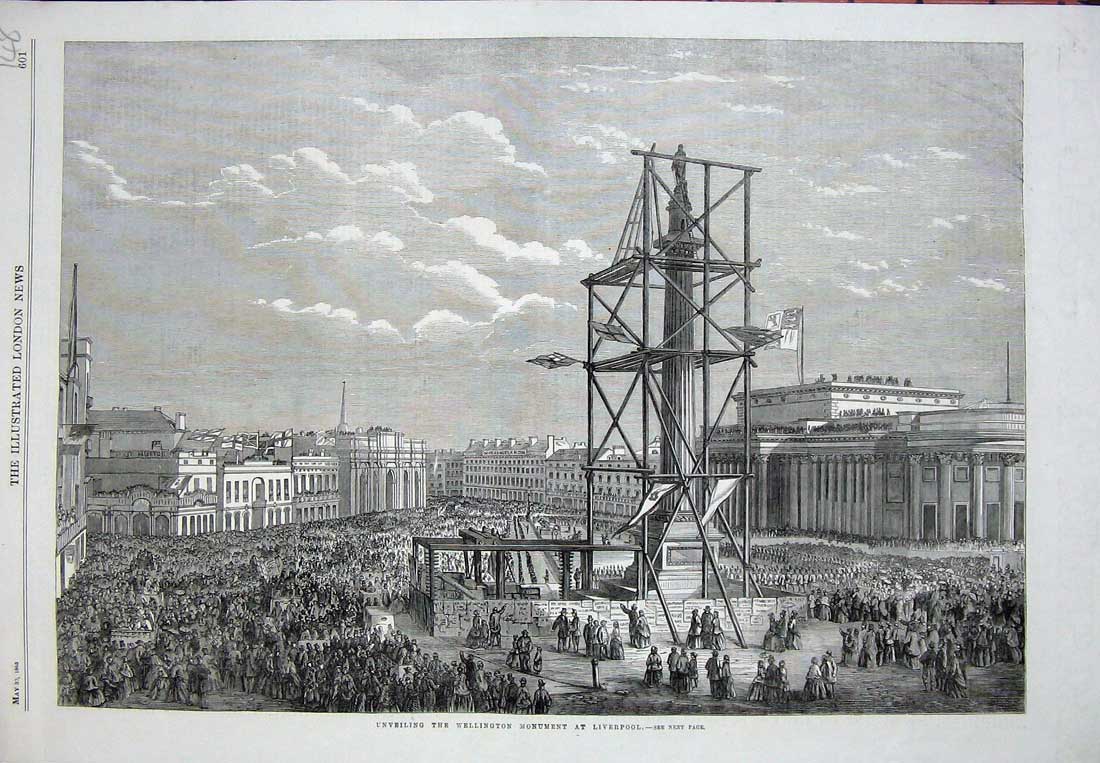 Original Old Antique Print 1863 Unveiling Wellington Monument Liverpool England