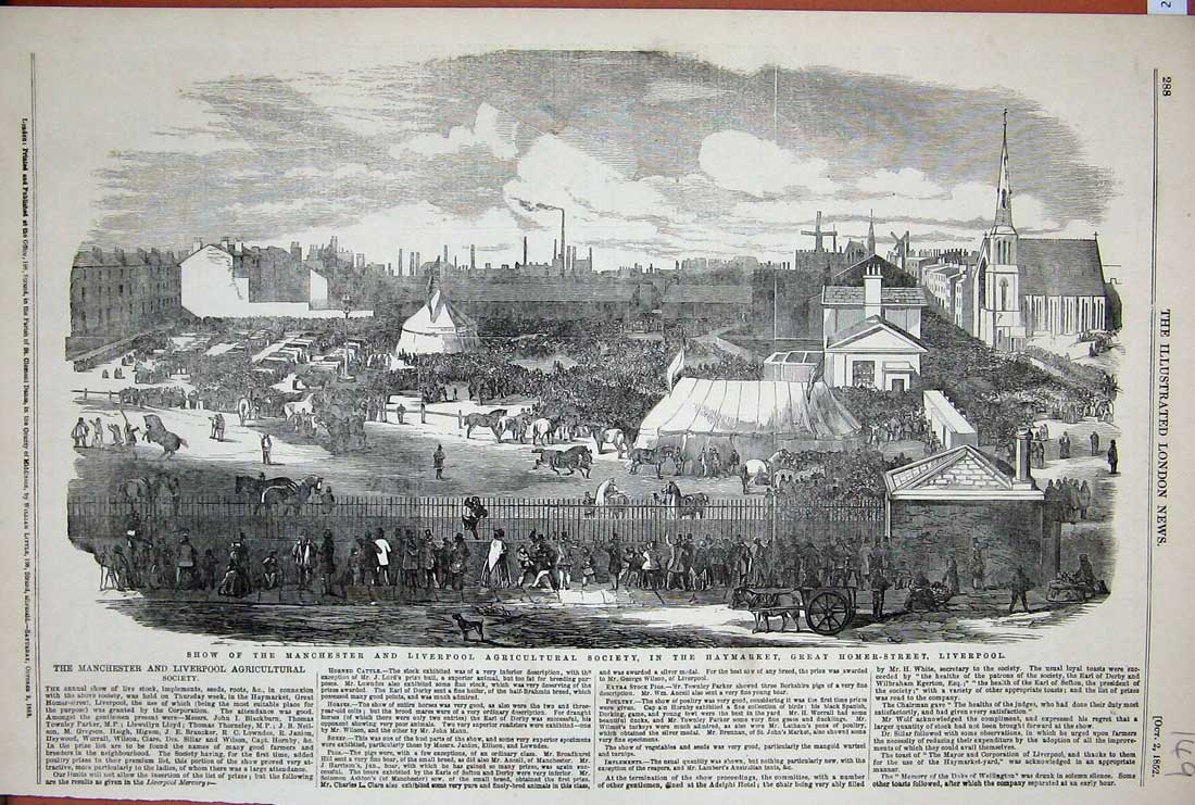 Old Antique Print 1852 Show Manchester Liverpool Haymarket Homer-Street 19th