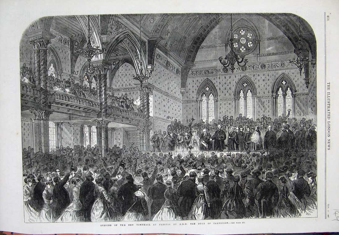 Old Antique Print 1867 Opening New Townhall Preston Duke Cambridge Art 19th