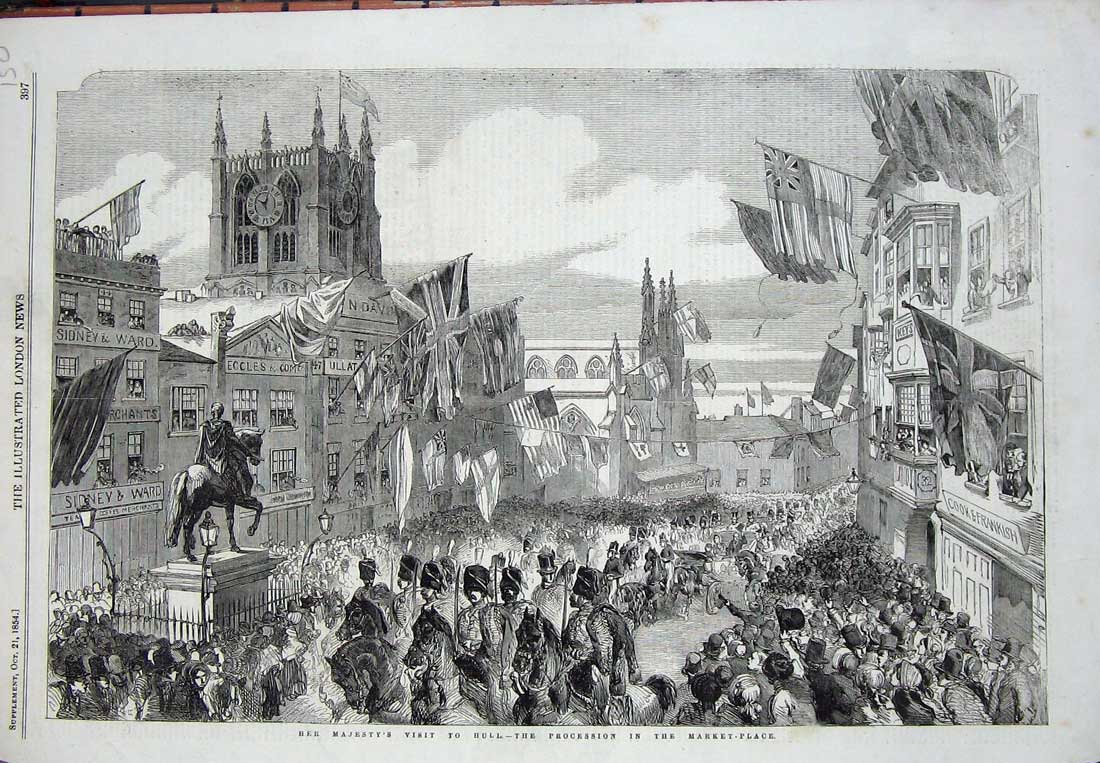 Old Antique Print 1854 Queen Hull Procession Market Place Statue Horses 19th