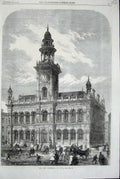 Old Antique Print 1866 Architecture New Townhall Hull Horses Coach People 19th
