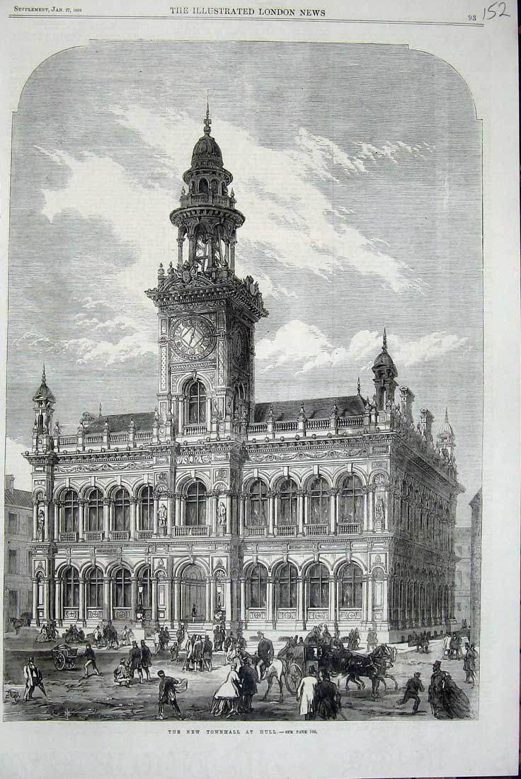 Old Antique Print 1866 Architecture New Townhall Hull Horses Coach People 19th