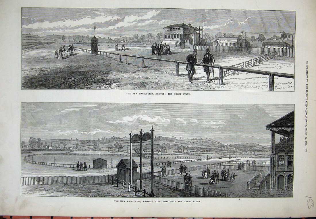 Original Old Antique Print 1873 Horses Sport Racecourse Bristol Grand Stand Art