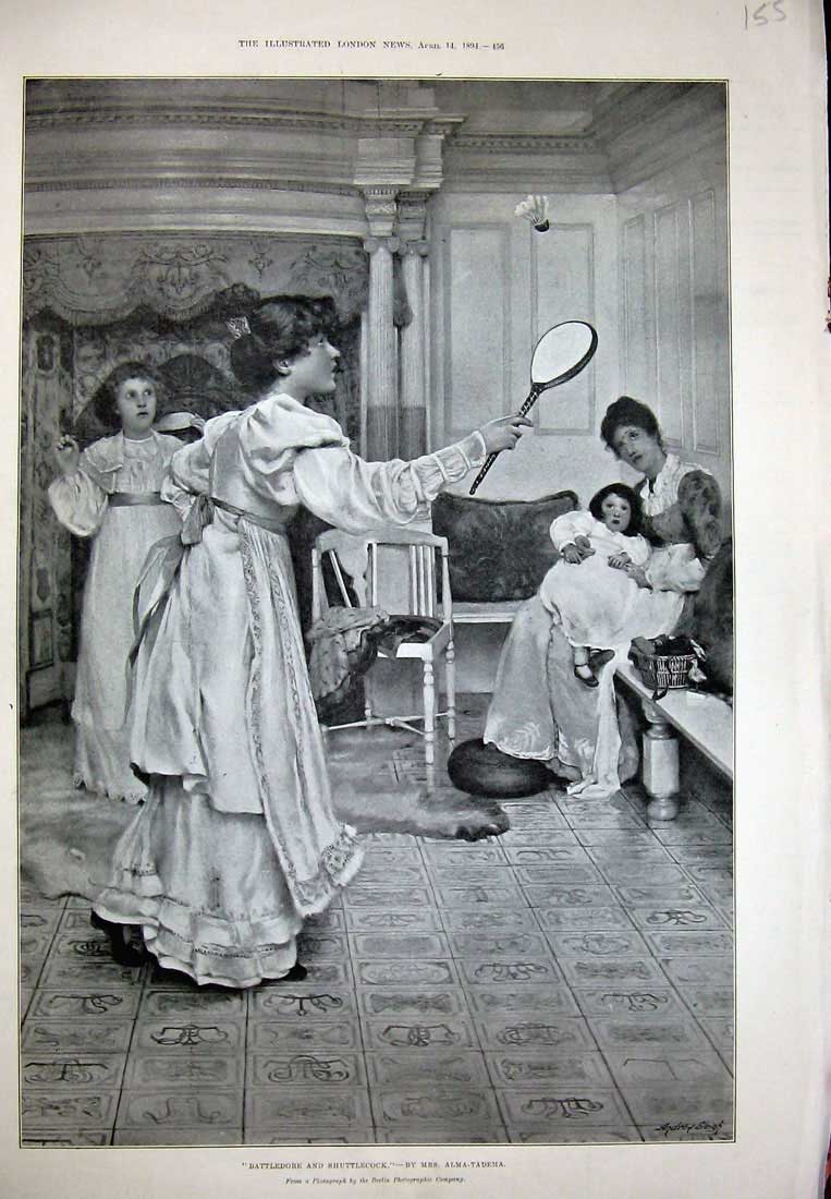Original Old Antique Print 1894 Battledore Shuttlecock Sport Family Alma-Tadema
