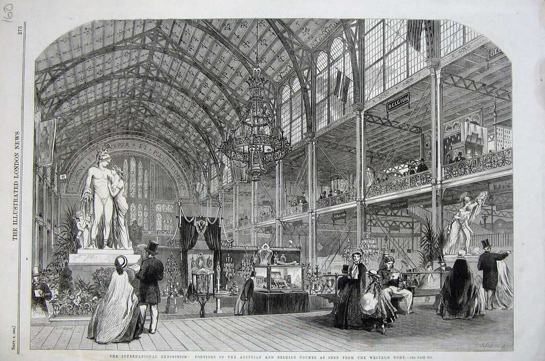 Old Antique Print 1862 International Exhibition Austrian Belgian Courts 19th