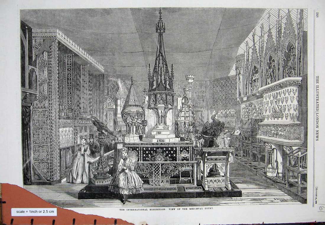 Old Antique Print 1862 International Exhibition Mediaeval Court Fine Art 19th