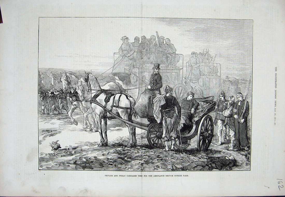 Old Antique Print 1871 Private Public Carriages Ambulance Service Paris 19th