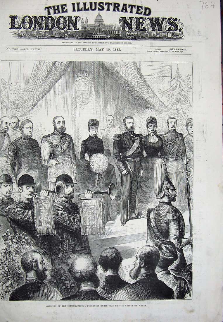 Original Old Antique Print 1883 International Fisheries Exhibition Prince Wales
