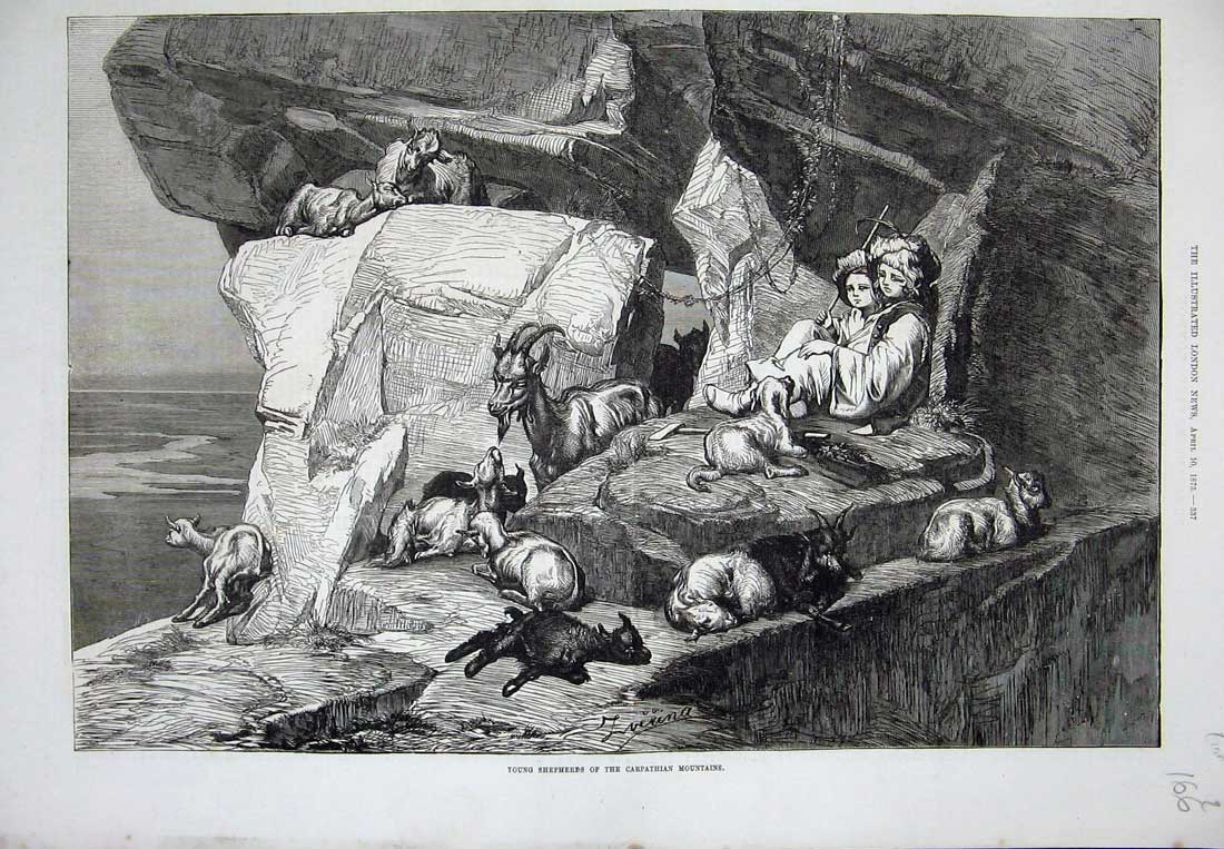 Original Old Antique Print 1875 Shepherds Children Goats Carpathian Mountains