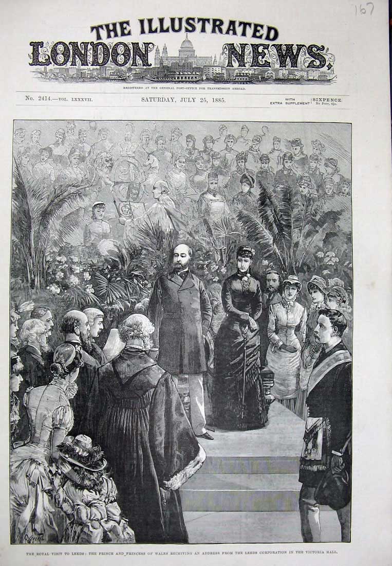 Original Old Antique Print 1885 Royal Visit Leeds Prince Wales Victoria Hall