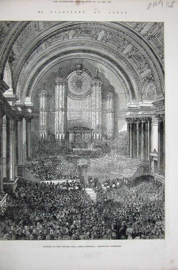 Original Old Antique Print 1861 Victoria Hall Leeds Townhall Organ Gladstone
