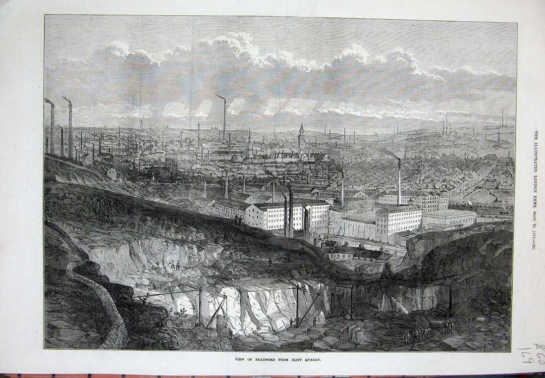 Old Antique Print 1873 View Bradford Cliff Quarry Industry Chimneys Art 19th