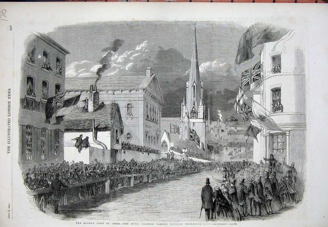 Original Old Antique Print *0309 1858 Queen Leeds Royal Cortege Woodhouse Lane