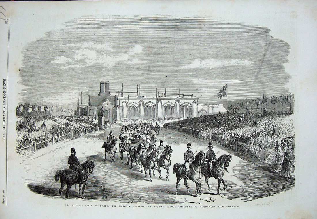 Old Antique Print 1858 Queen Leeds Sunday School Children Woodhouse Moor 19th