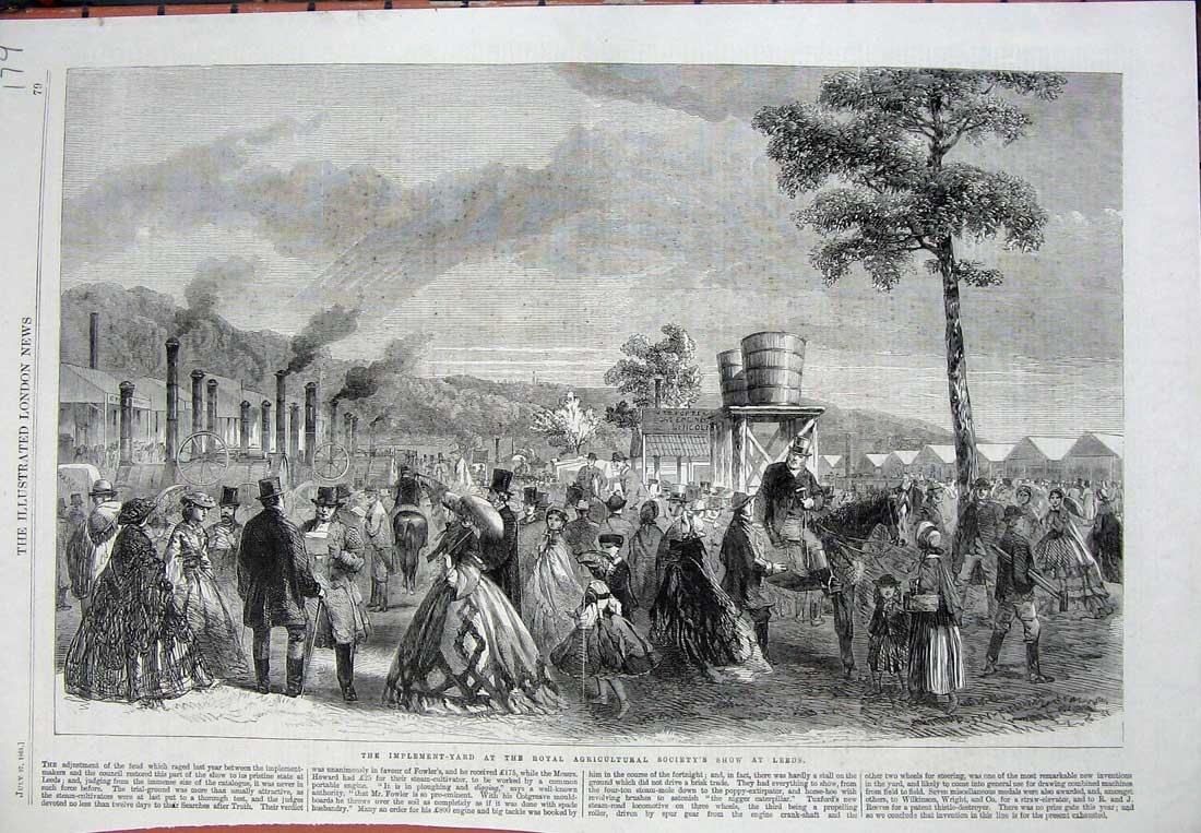 Original Old Antique Print 1861 Implement Yard Royal Agricultural Show Leeds