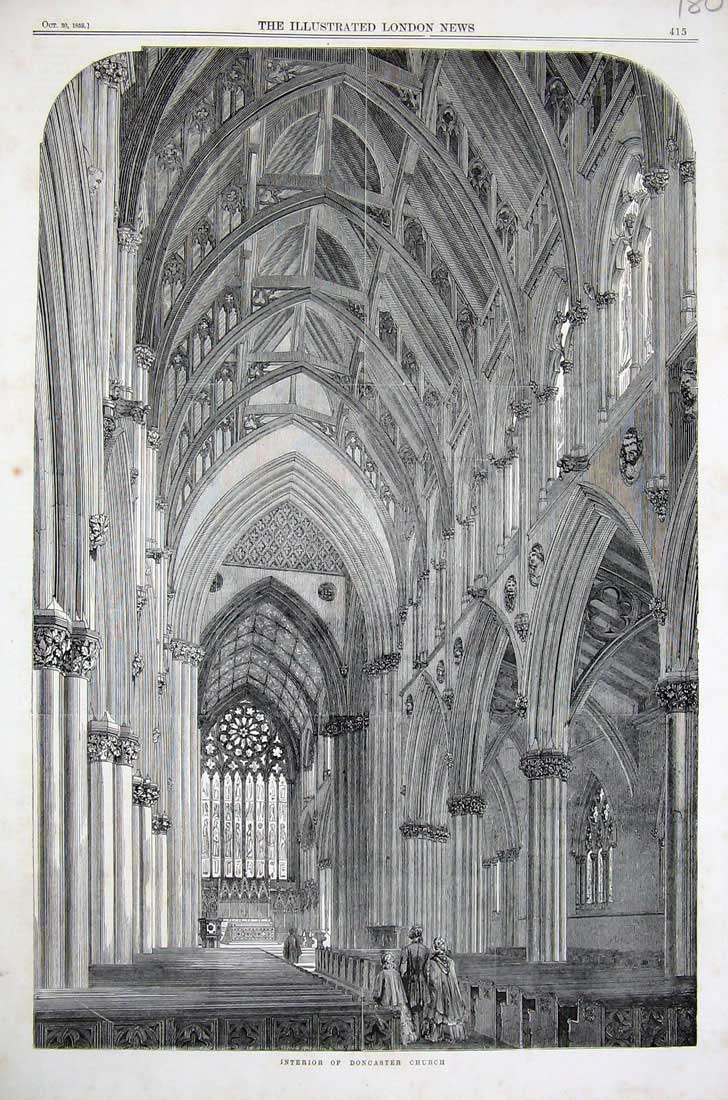 Original Old Antique Print 1858 Interior Doncaster Church Architecture Fine Art