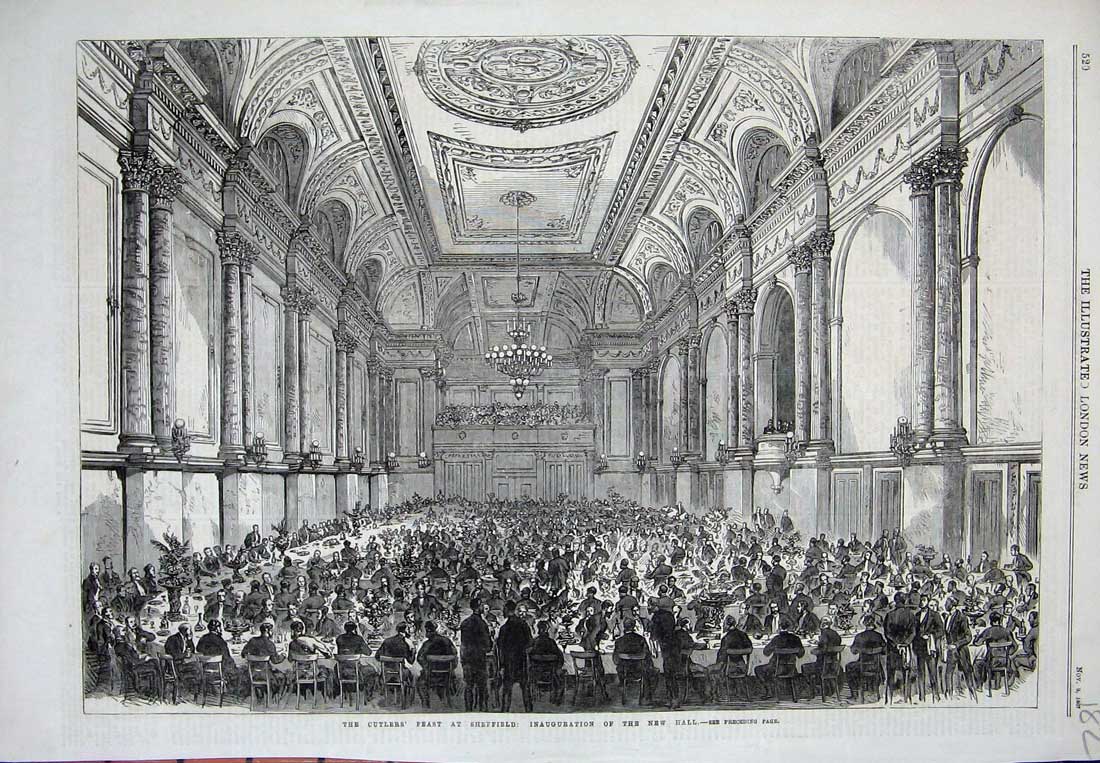 Old Antique Print 1867 Cutlers Feast Sheffield Inauguration New Hall Art 19th