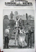 Original Old Antique Print 1885 Revictualling Yacht Autumn Cruise Woodville Art