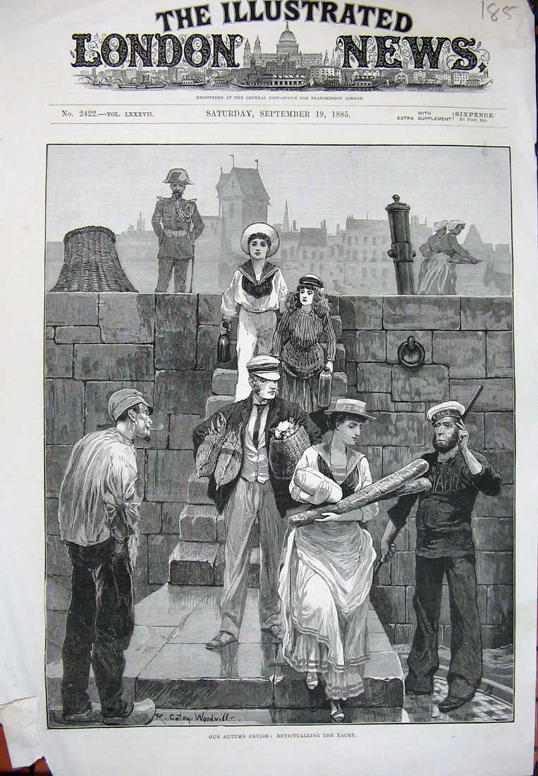 Original Old Antique Print 1885 Revictualling Yacht Autumn Cruise Woodville Art