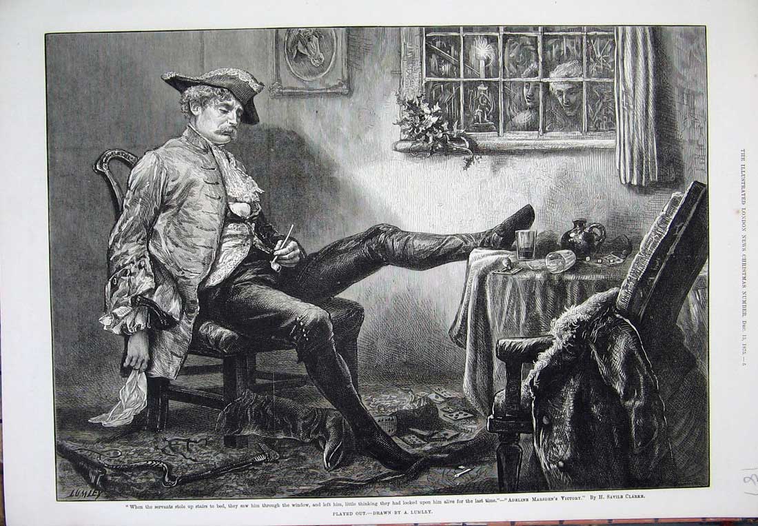 Old Antique Print 1875 Lumley Fine Art Man Sleeping Chair Window Candle 19th