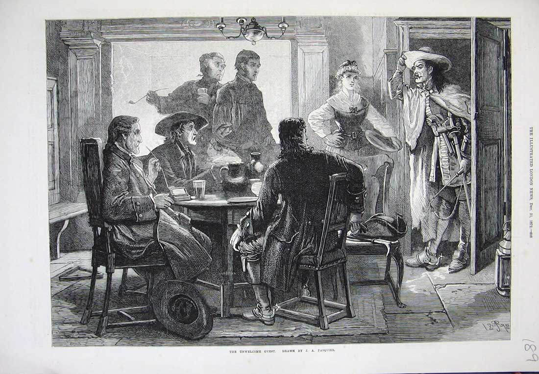 Original Old Antique Print 1872 Pasquier Fine Art Unwelcome Guest Men Table Inn