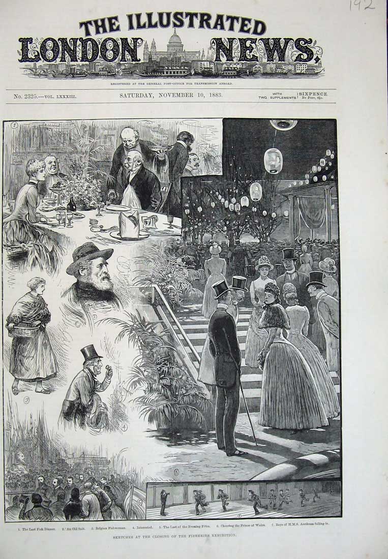 Original Old Antique Print 1883 Fisheries Exhibition Fish Prince Wales Arethusa