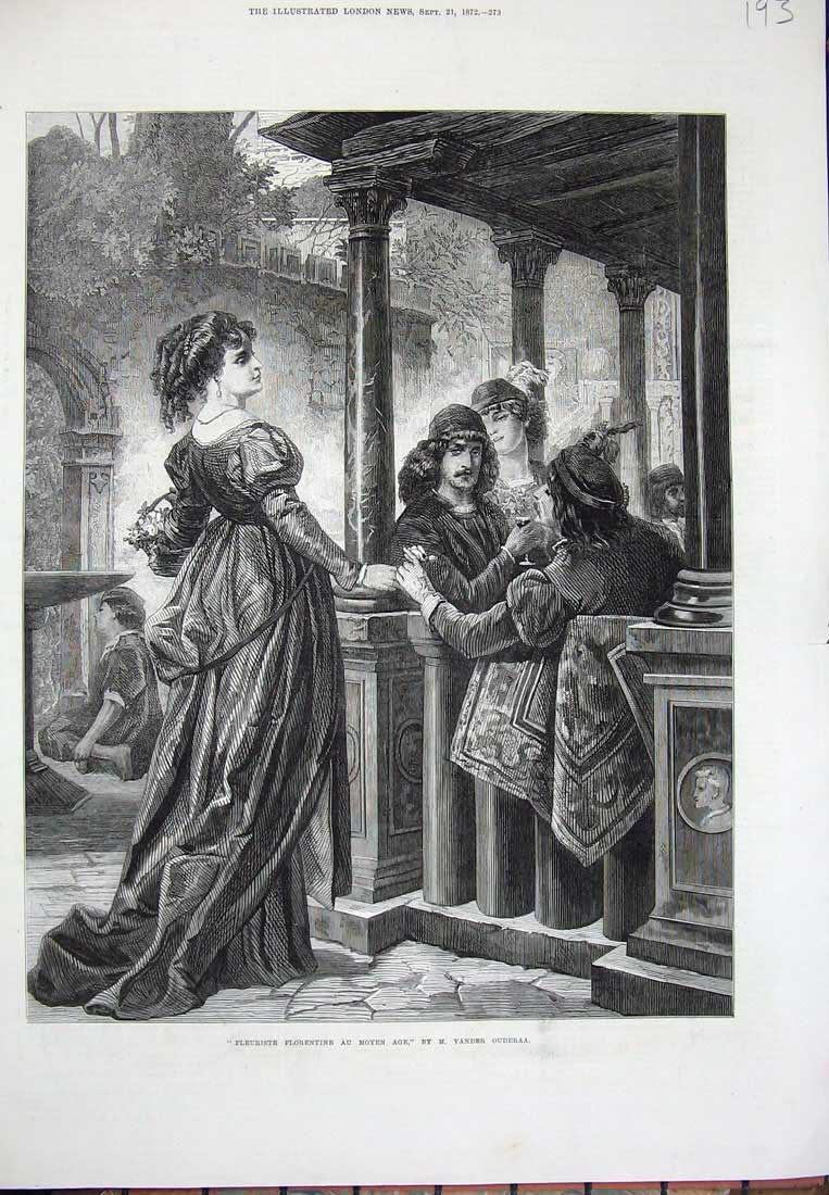 Original Old Antique Print 1872 Fleuriste Florentine Moyen Age Vander Ouderaa