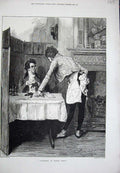 Original Old Antique Print 1881 Fine Art Man Restaurant Dinner Table Victorian