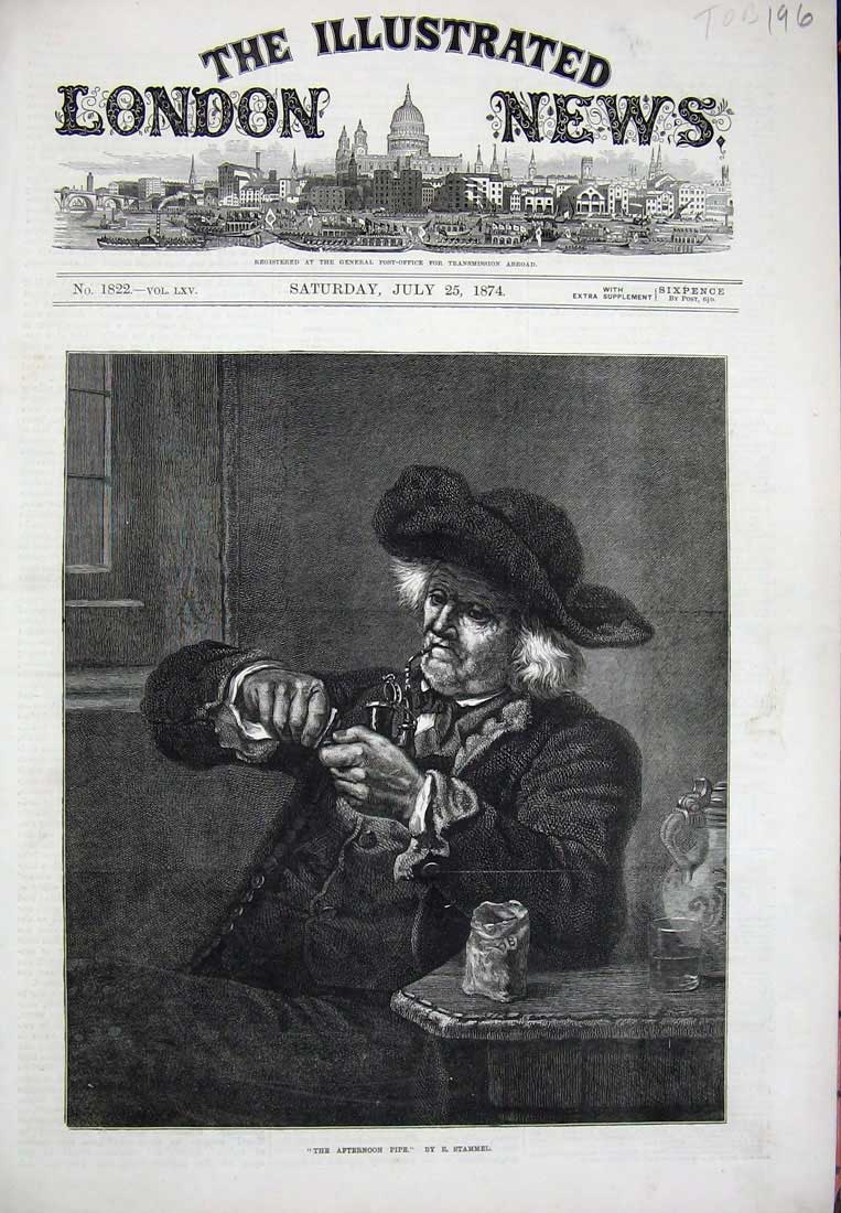Original Old Antique Print 1874 Man Smoking Pipe Hat Tobacco Stammel Fine Art