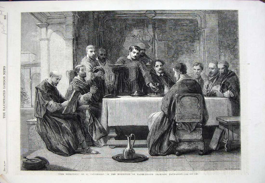 Original Old Antique Print 1865 Refectory Men Monks Cattermole Haymarket Art
