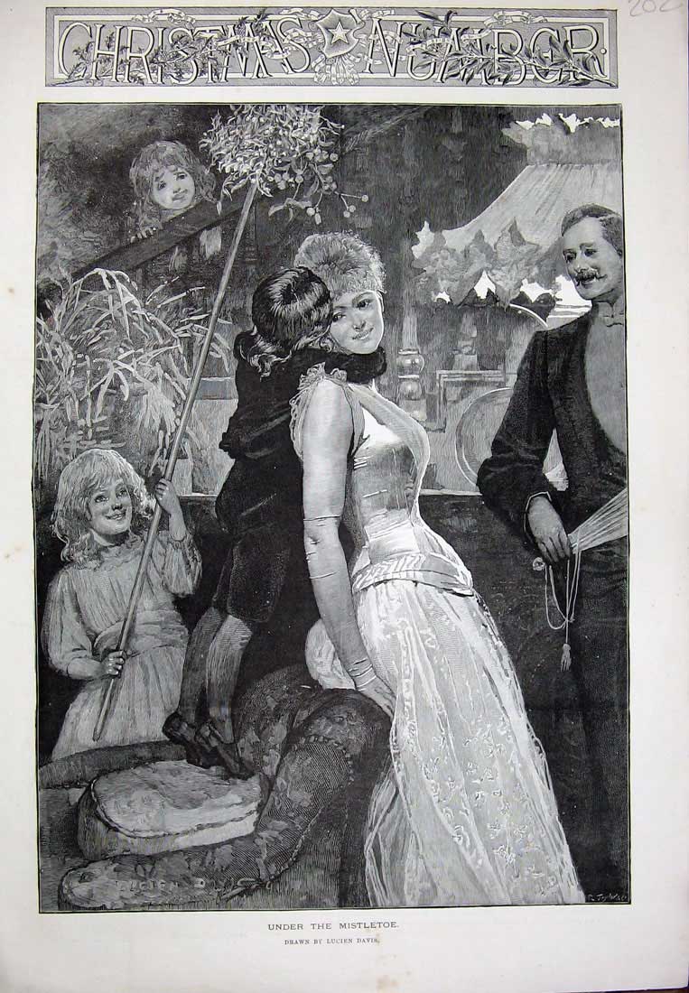 Original Old Antique Print Christmas Mistletoe Mother Children Man Lucien Davis