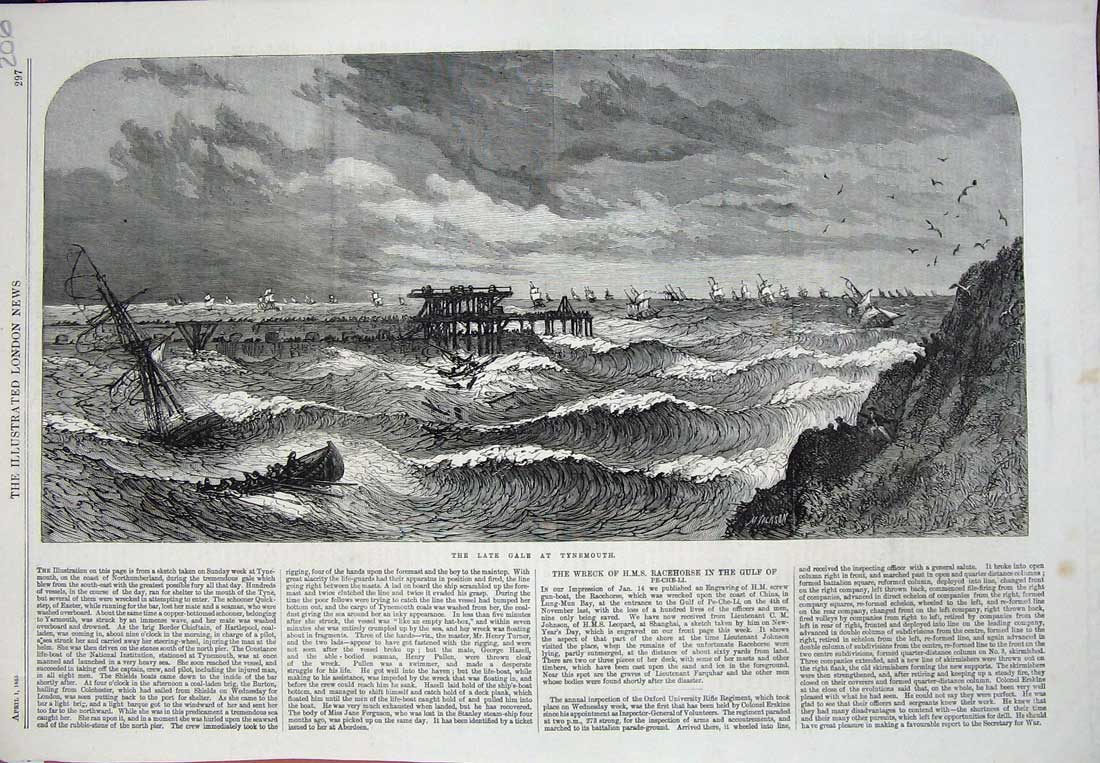 Old Antique Print 1865 Gale Tynemouth Stormy Sea Ships Life-Boat Fine Art 19th