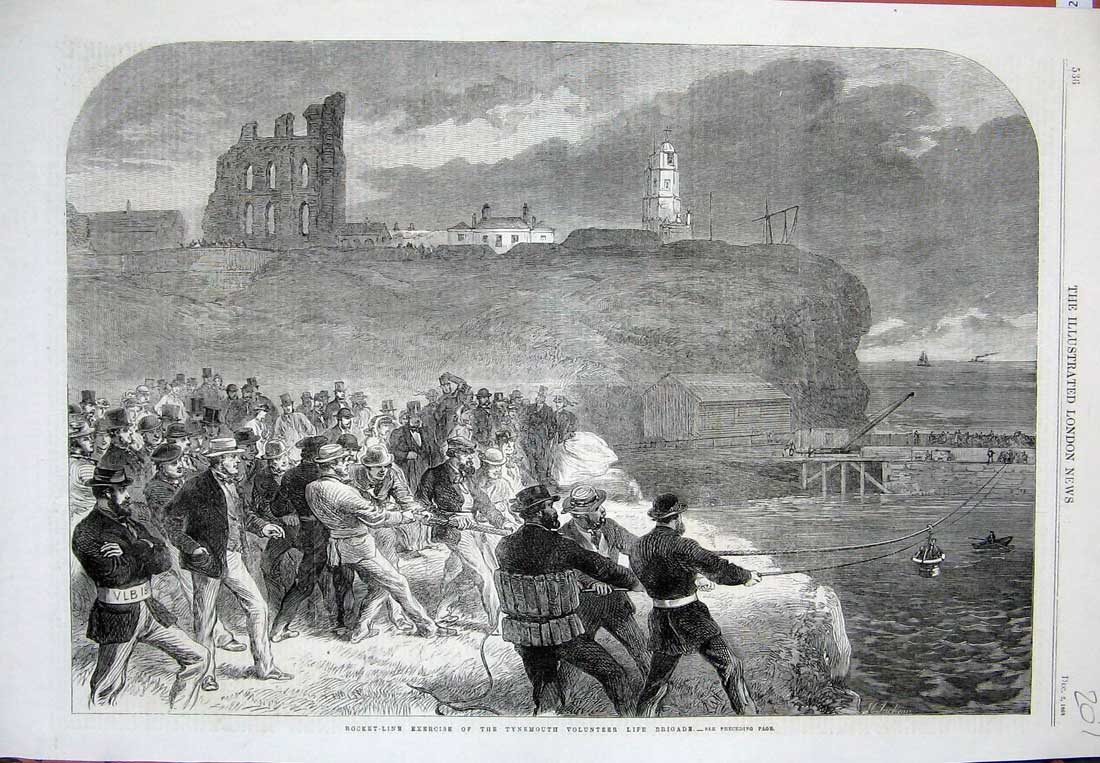 Antique Old Print Orginal 1865 Rocket-Line Tynemouth Volunteer Life-Brigade Sea
