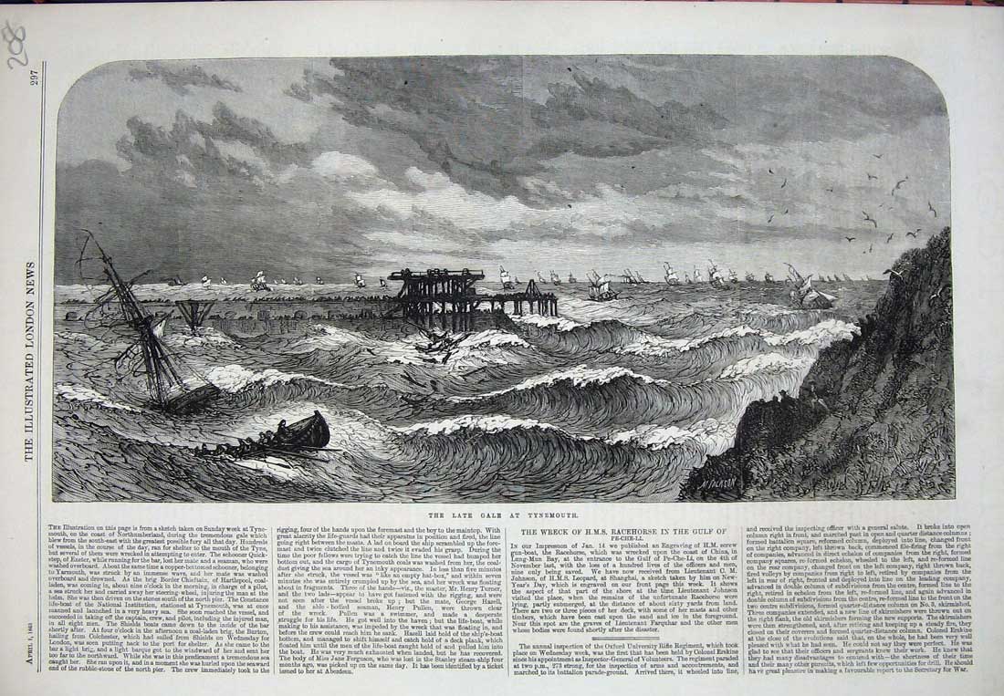 Old Antique Print Ref.986 1865 Gale Tynemouth Stormy Sea Ships Life-Boat