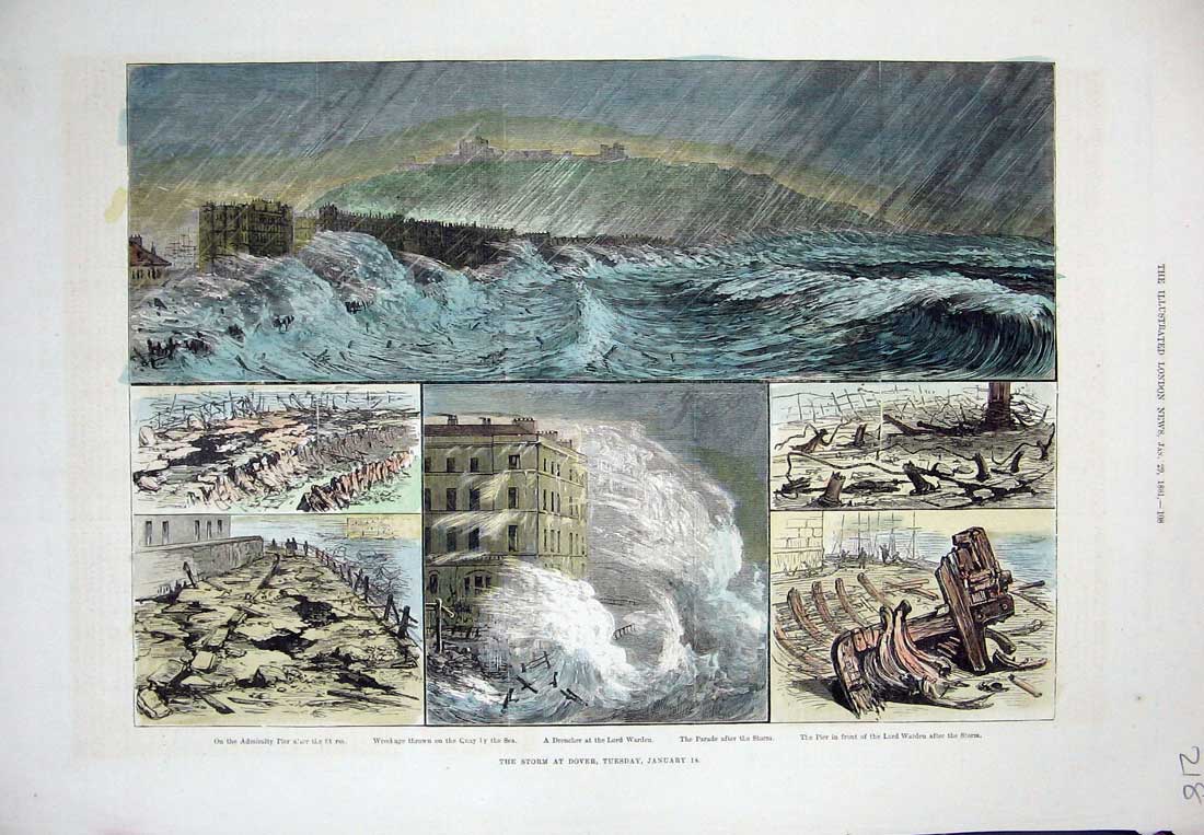 Original Old Antique Print 1881 Storm Dover Colour Admiralty Pier Warden 19th