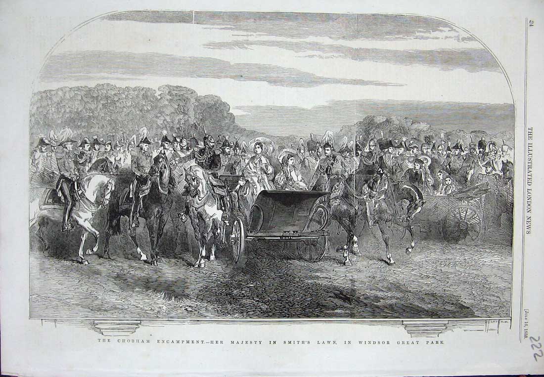 Old Antique Print 1853 Chobham Encampment Queen Smith'S Lawn Windsor Park 19th