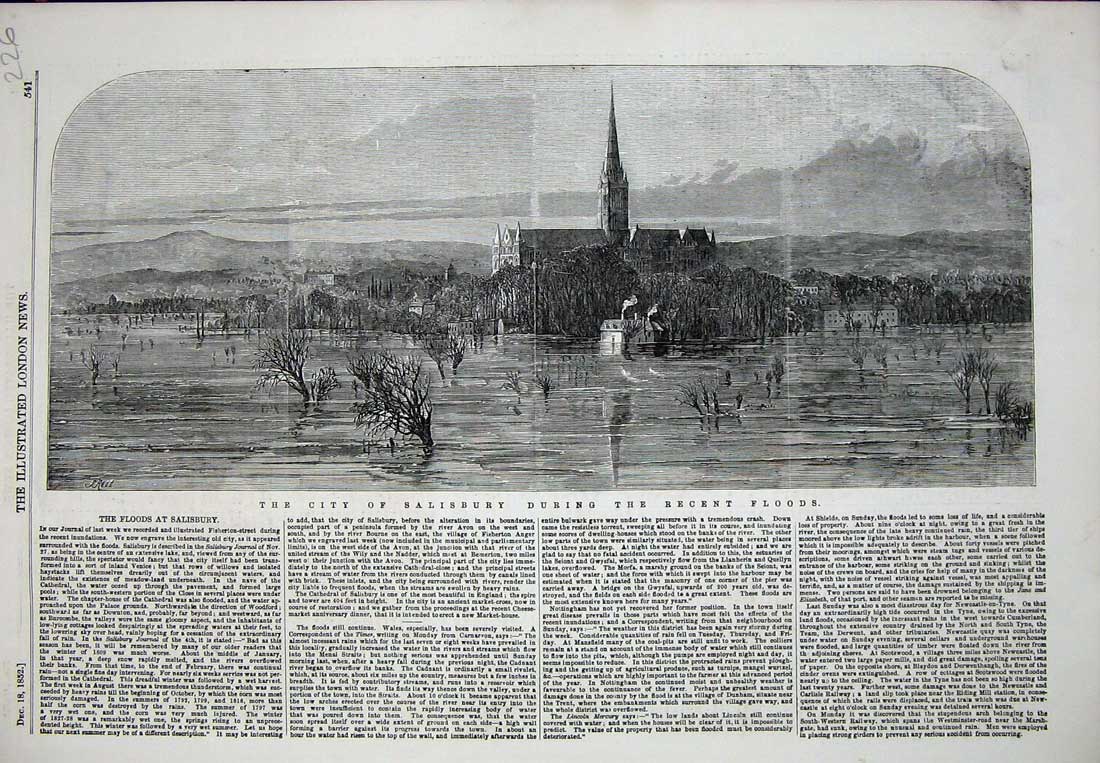 Old Antique Print 1852 View City Salisbury River Floods Church Tower Art 19th