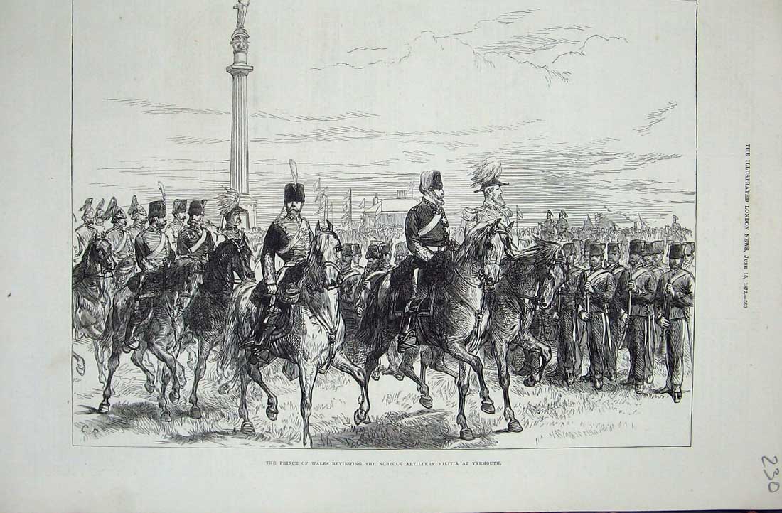 Old Antique Print 1872 Prince Wales Reviewing Norfolk Artillery Yarmouth 19th
