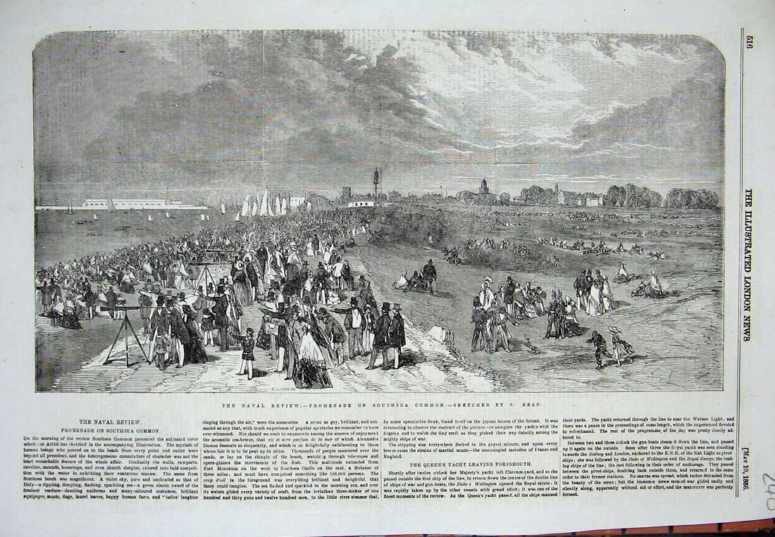 Antique Old Print *3518 1856 Naval Review Promenade Southsea Common Yachts