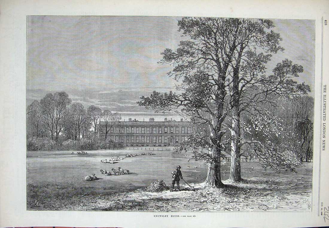 Original Old Antique Print 1869 Knowsley House Architecture Sheep Man Trees Art