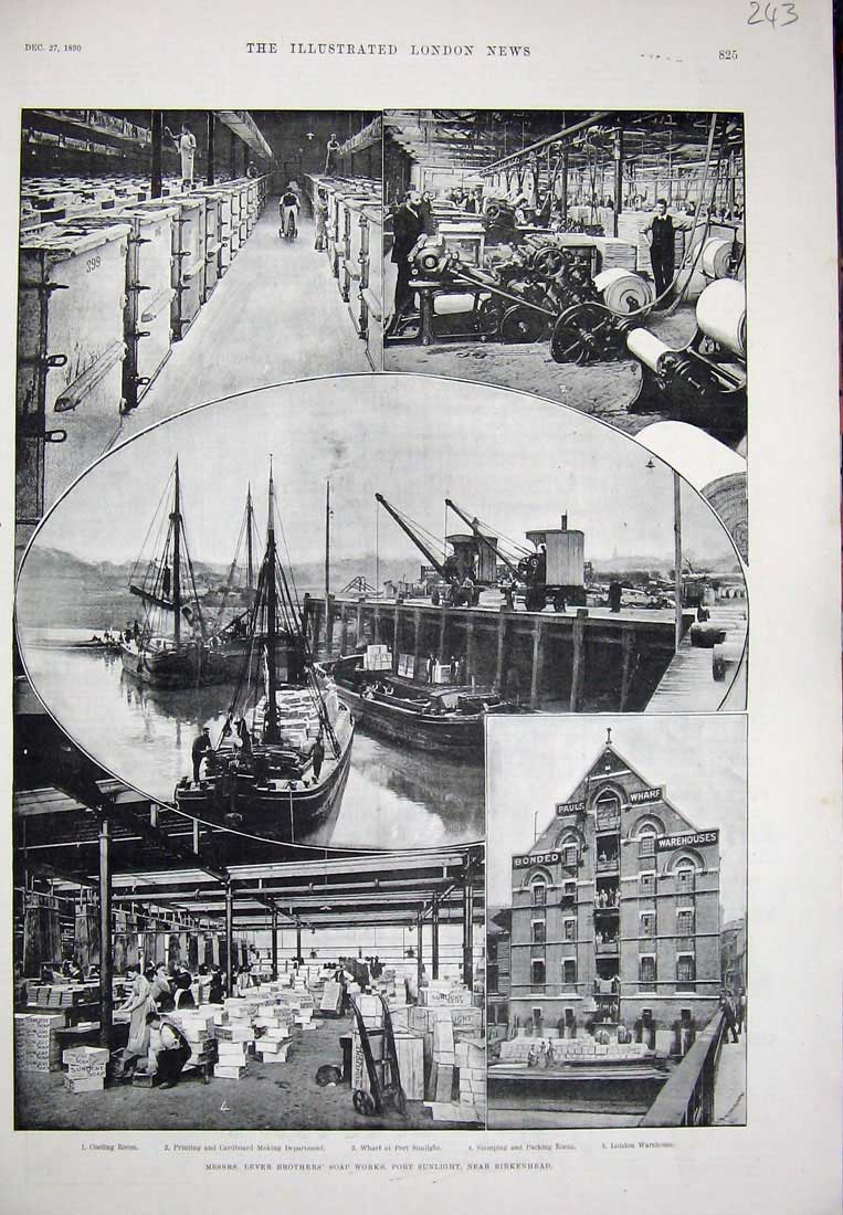 Old Antique Print 1890 Lever Brothers Soap Works Port Sunlight Birkenhead 19th