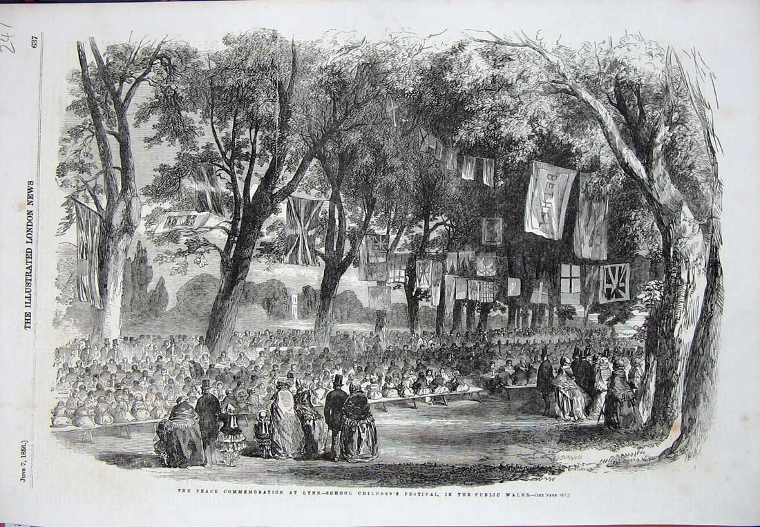 Original Old Antique Print 1856 Peace Commemoration Lynn School Children Flags