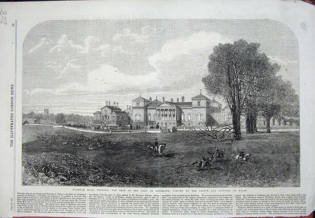 Old Antique Print 1865 Holkham Hall Norfolk Earl Leicester Prince Wales 19th